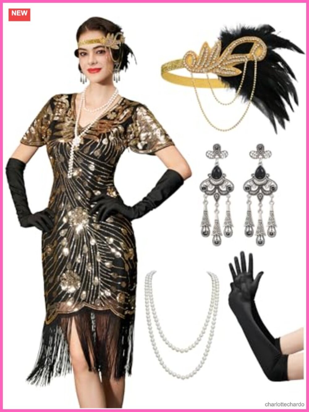 1920s Flapper Dress with Fringe & Sequin, V-Neck, Short Sleeve, Zipper, Great